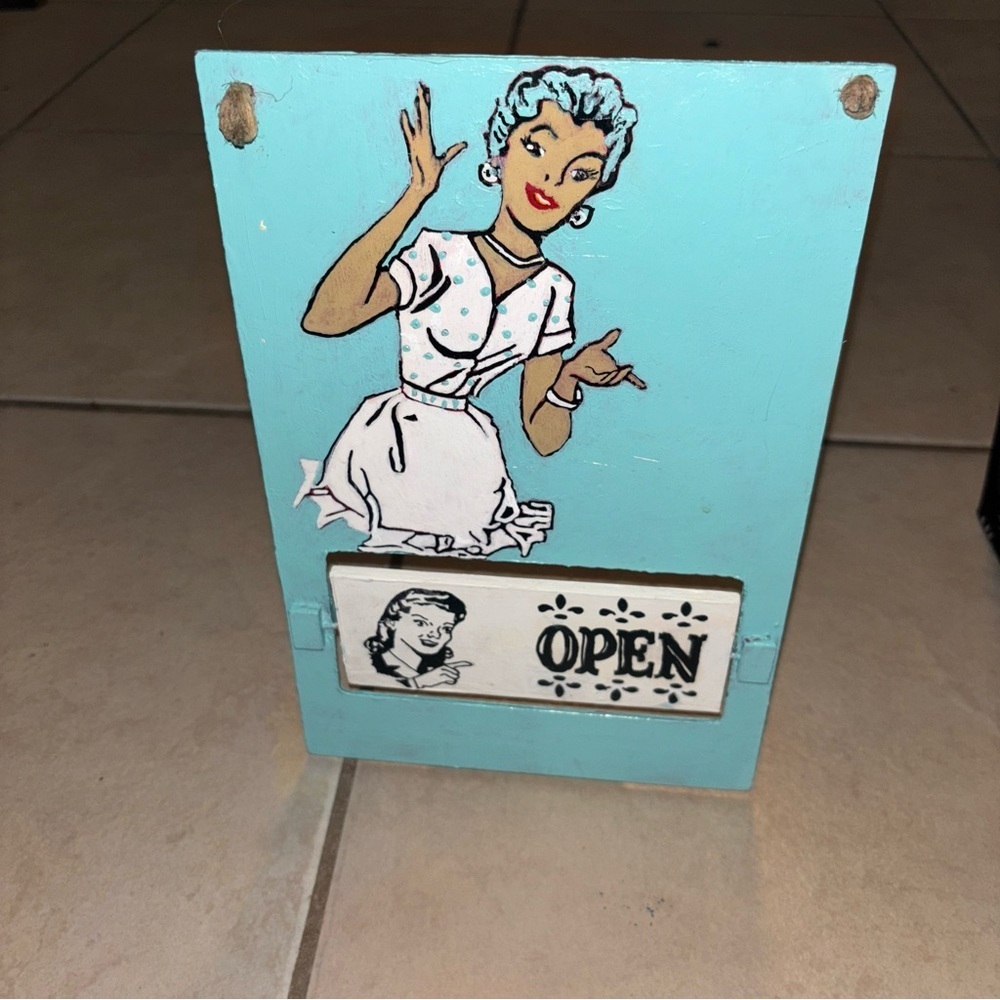 Retro Aqua Open Closed Flip Boutique Sign with Vintage 1950s Housewife Graphic